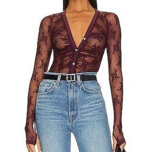 Free People Intimately Light Year Bodysuit XS Burgundy Sheer Mesh Snap Closure
